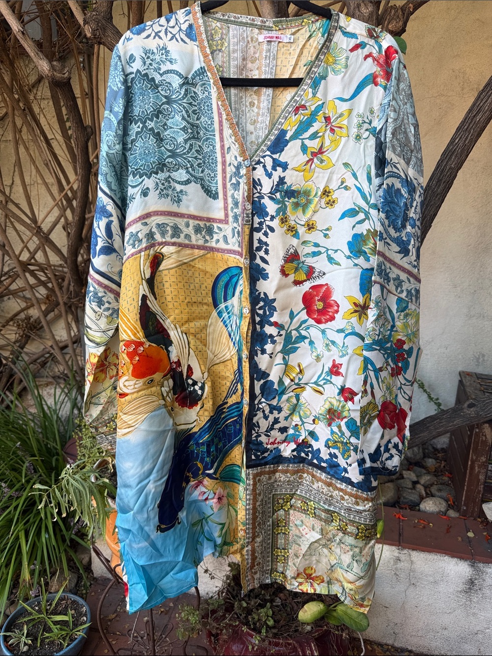 Johnny Was Multicolor Floral & Koi Patchwork V-Neck Tunic